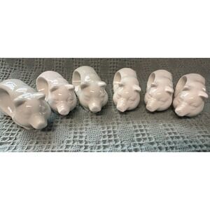 Vintage White Ceramic Pig Napkin Rings Set of 6 Glossy Glazed Farmhouse Decor